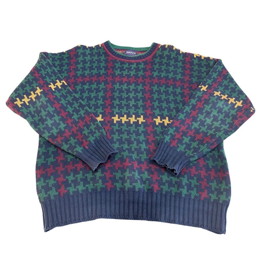 Gant Mens 100% Cotton Houndstooth Crewneck Sweater Multi Color Vintage Large